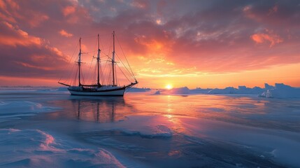 Poster - A tranquil frozen sea bathed in warm sunset hues, with a majestic two-masted sailboat adding elegance to the scene