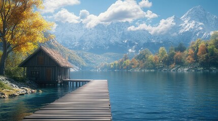 Sticker - A wooden dock leading to a charming boathouse, set against a backdrop of serene waters and majestic mountains