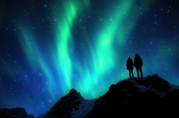 a couple standing on a mountain looking up at the sky