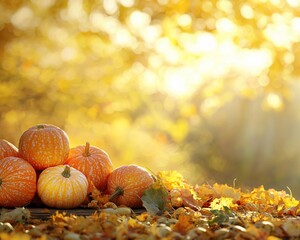 Poster - Autumn pumpkins on wooden surface with fall leaves.