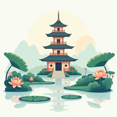 Wall Mural - Serene Japanese Pagoda Lake Scene - Minimalist illustrations