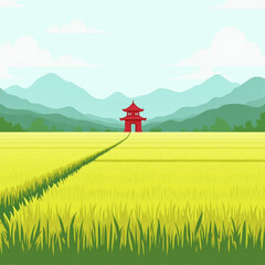 Wall Mural - Serene Rice Paddy with Red Pagoda - Minimalist design