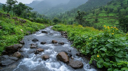 Wall Mural - Serene mountain stream flows through lush green valley, rocks in water, plants, flowers.