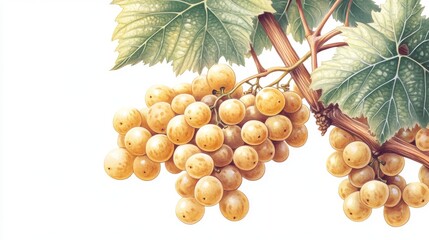 Wall Mural - 20.Muscat grape cluster illustration in vector style, isolated on white, with lifelike grapes and detailed green leaves; the artwork features soft gradients and fine details, creating a fresh,