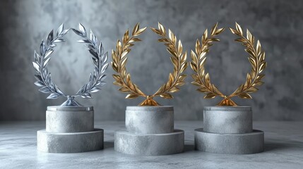 Wall Mural - Golden, silver, and bronze laurel wreaths with ribbons atop a round pedestal on a gray background, exuding elegance and achievement.