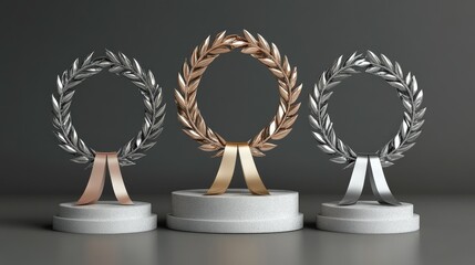 Wall Mural - Golden, silver, and bronze laurel wreaths with ribbons atop a round pedestal on a gray background, exuding elegance and achievement.