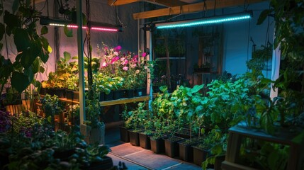 Wall Mural - Home garden illuminated by voice-activated LED grow lights.