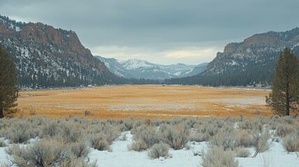 Wall Mural - Serene winter landscape snow-dusted valley between mountains, yellow grasses, and evergreen trees under a cloudy sky.