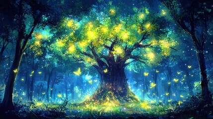 Wall Mural - a colossal glowing tree surrounded by an ancient forest, its branches reaching into the sky filled w