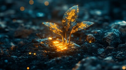 Wall Mural - Glowing plant sprouting from circuit board in dark soil.