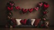 © Diffin - Colorful hearts dangle from the wall, adding a romantic touch above a cozy couch, perfect for celebrating love on Valentine's Day.