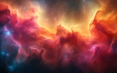 vibrant nebula with red, orange, and blue hues.