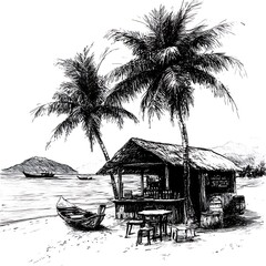 Wall Mural - Ink Drawing of a Tropical Beach Bar with Palm Trees, Boats, and a Calm Sea.