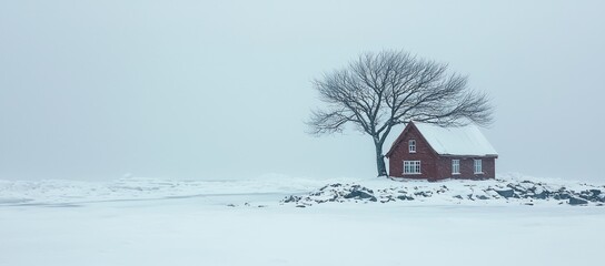 Wall Mural - Solitary red cabin nestled on a snow-covered island, beside a leafless tree under a foggy winter sky.