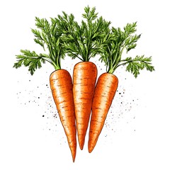 Wall Mural - A vibrant watercolor illustration of three fresh carrots with lush green tops, isolated on a white background.