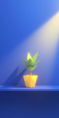 Poster - Minimal cartoon art. A simple houseplant in a geometric pot, placed on a sunny shelf with a clean background.