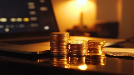 Poster - Investing in cryptocurrency stacks of gold coins on laptop home office digital wealth warm lighting
