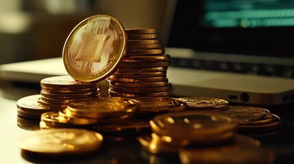 Poster - Investing in cryptocurrency gold coins stacked near laptop modern office focused business environment