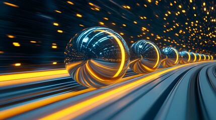 Fototapete - Dynamic Abstract Composition of Reflective Spheres with Glowing Lights and Motion Blur Representing Energy and Speed in a Futuristic Environment