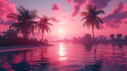 Wall Mural - Vibrant pink sunset over tranquil tropical beach with palm trees and calm water.