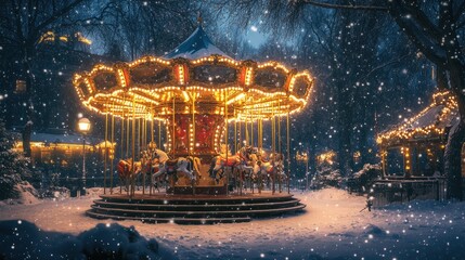 Canvas Print - A winter wonderland featuring a glowing carousel in the snow, with warm lights illuminating the frosty night