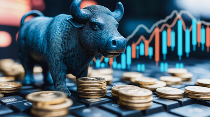 Poster - Bull Market: A bullish figurine stands triumphantly on a stack of golden coins, symbolizing financial prosperity and growth.