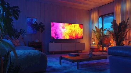 Sticker - Bright, dynamic TV screen colors illuminating a serene living room during nighttime