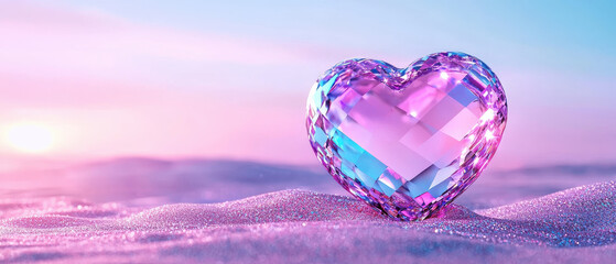 Poster - glowing crystal heart on sandy surface, radiating vibrant colors