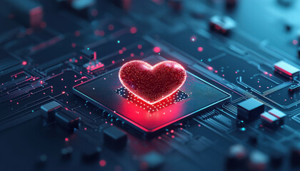 Poster - glowing digital heart icon on circuit board background symbolizes love and technology