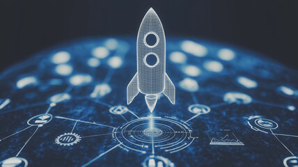 Poster - Global Launch: A futuristic rocket ship taking off from a network of interconnected nodes, symbolizing innovation, technology, and global expansion.  
