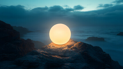 Landscape with round spherical light bulbs placed on the coast, sea and dark sky