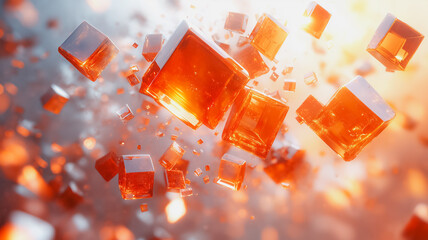 Poster - Amber Cubes in Motion: Abstract digital art depicting a mesmerizing swarm of glowing amber cubes floating in a dynamic, energy-filled space. Perfect for tech, innovation, and futuristic concepts. 
