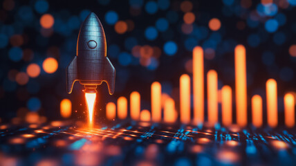 Poster - Rocket Launch to Success: A metallic rocket ship blasts off against a backdrop of vibrant data charts, symbolizing rapid growth and innovation in the digital landscape.  