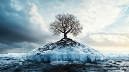 Wall Mural - Majestic oak tree standing tall on crumbling ice island surrounded by water, evoking sense of resilience and beauty in stark landscape