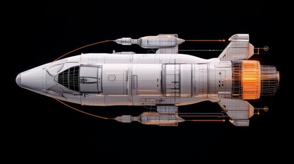 Wall Mural - A futuristic spaceship design with detailed features, showcasing technological elements and a sleek profile against a black background.