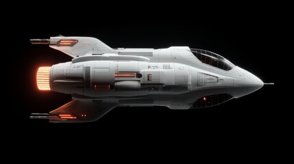 Wall Mural - A sleek, futuristic spacecraft with vibrant orange thrusters, set against a dark background, emphasizing its aerodynamic design.