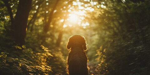 Poster - Dog silhouette in forest sunset; peaceful nature scene