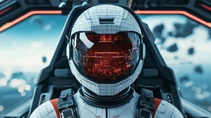 Wall Mural - A futuristic astronaut in a sleek helmet sits in a spaceship, surrounded by a cosmic backdrop filled with asteroids and interstellar scenery.