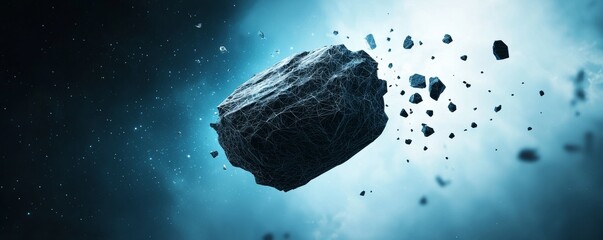 Wall Mural - A dark asteroid floats in space, surrounded by fragments and illuminated by a mysterious blue light, creating a striking cosmic scene.