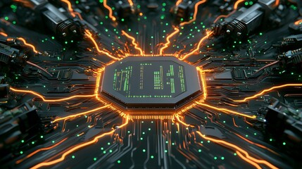 Poster - High-tech digital circuit board with glowing copper traces and vibrant green lights, showcasing the intricate design of a futuristic microchip in a modern technology setting.