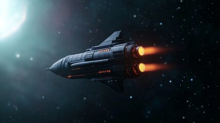 Wall Mural - A futuristic spacecraft propels through the dark expanse of space, leaving fiery exhaust trails against a backdrop of stars and distant celestial bodies.