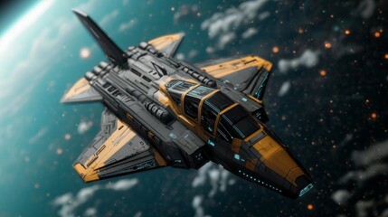 Wall Mural - A futuristic spaceship with sleek design and vibrant colors, set against a backdrop of a distant planet and starry space.