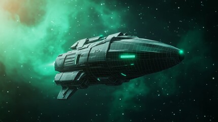 Wall Mural - A futuristic spaceship glides through a vibrant, green-hued cosmic scene, showcasing sleek design and illuminated elements against the vastness of space.
