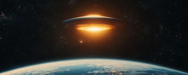 Wall Mural - A futuristic spacecraft hovers above Earth, emitting a radiant glow, set against a backdrop of space filled with stars.
