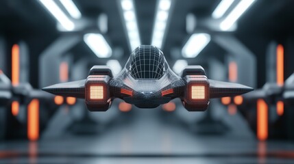 Wall Mural - A futuristic spacecraft hovers in a sleek, illuminated hangar, showcasing advanced technology and design elements.