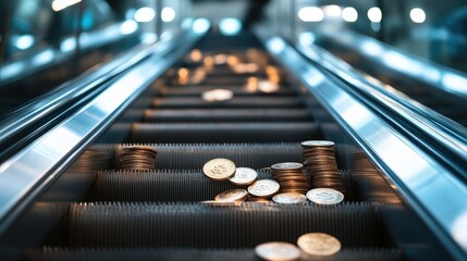 Poster - Coins falling on escalator in modern city business finance urban environment close-up perspective