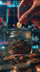 Poster - Investing coins in glass jar financial growth urban environment close-up view savings concept