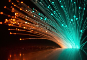 Macro photography, fiber optic cables, glowing light threads, abstract technology, turquoise