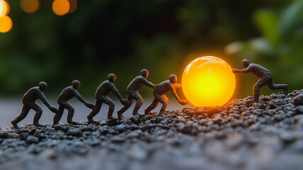 Poster - Teamwork Makes the Dream Work: Miniature figures collaborate to roll a luminous orb towards a brighter future, symbolizing collective effort and shared vision.