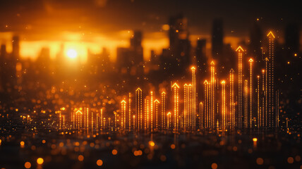 Poster - Cityscape of Growth:  A captivating cityscape bathed in a warm sunset glow, illuminated by a myriad of glowing arrows pointing upwards, symbolizing growth, progress.